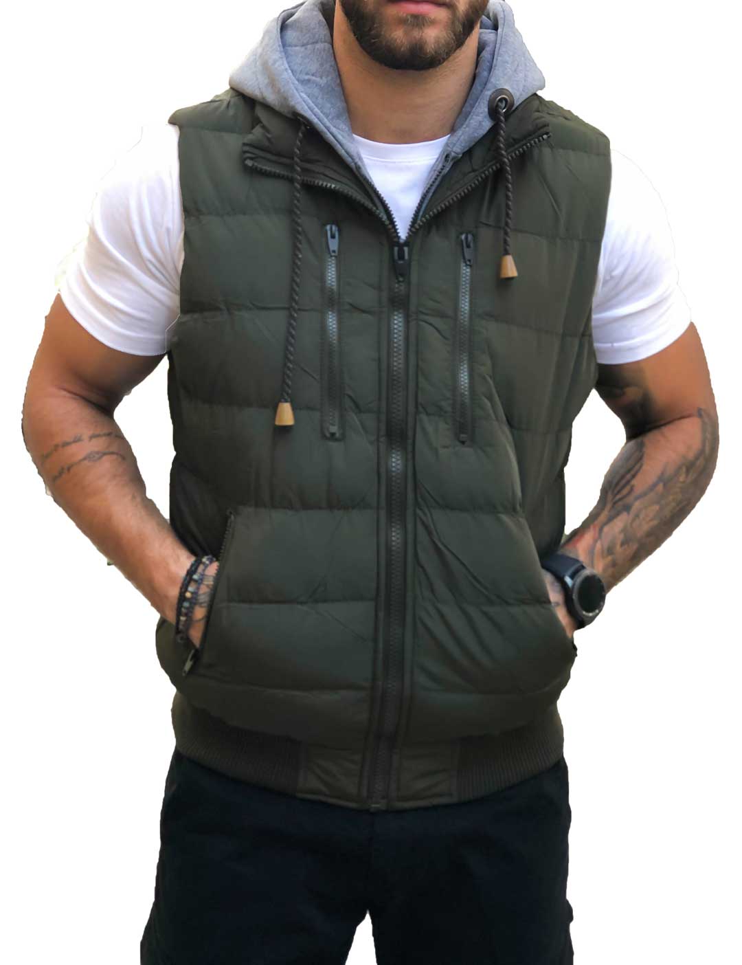 Ανδρικό χακί αμάνικο Jacket κουκούλα 833380C φωτογραφία